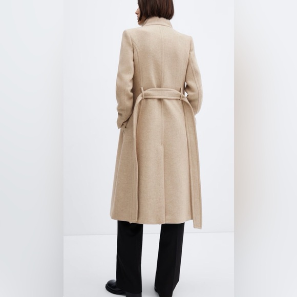 Mango Menteco Wool Blend Double Breasted Tailored Classic Tan Belted Coat - Picture 5 of 11